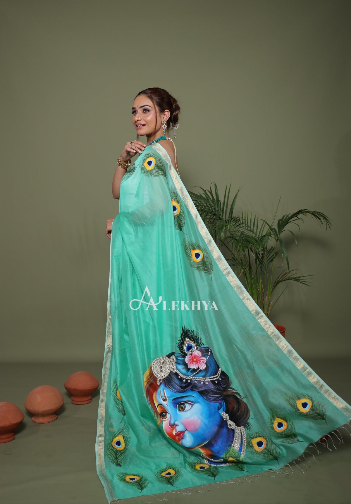 Divine Mayura – Hand-Painted Krishna Maheshwari Handloom Saree