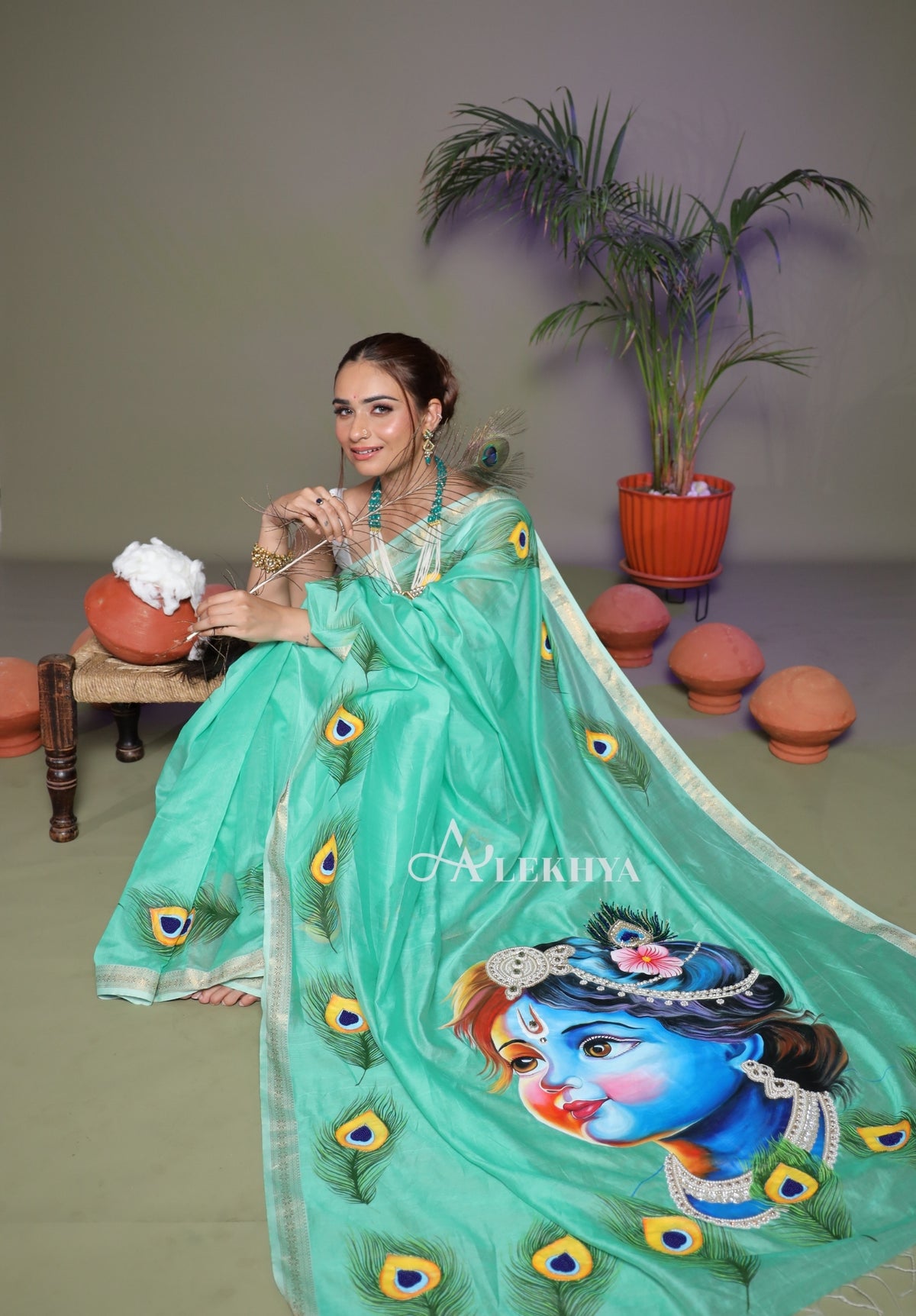 Divine Mayura – Hand-Painted Krishna Maheshwari Handloom Saree