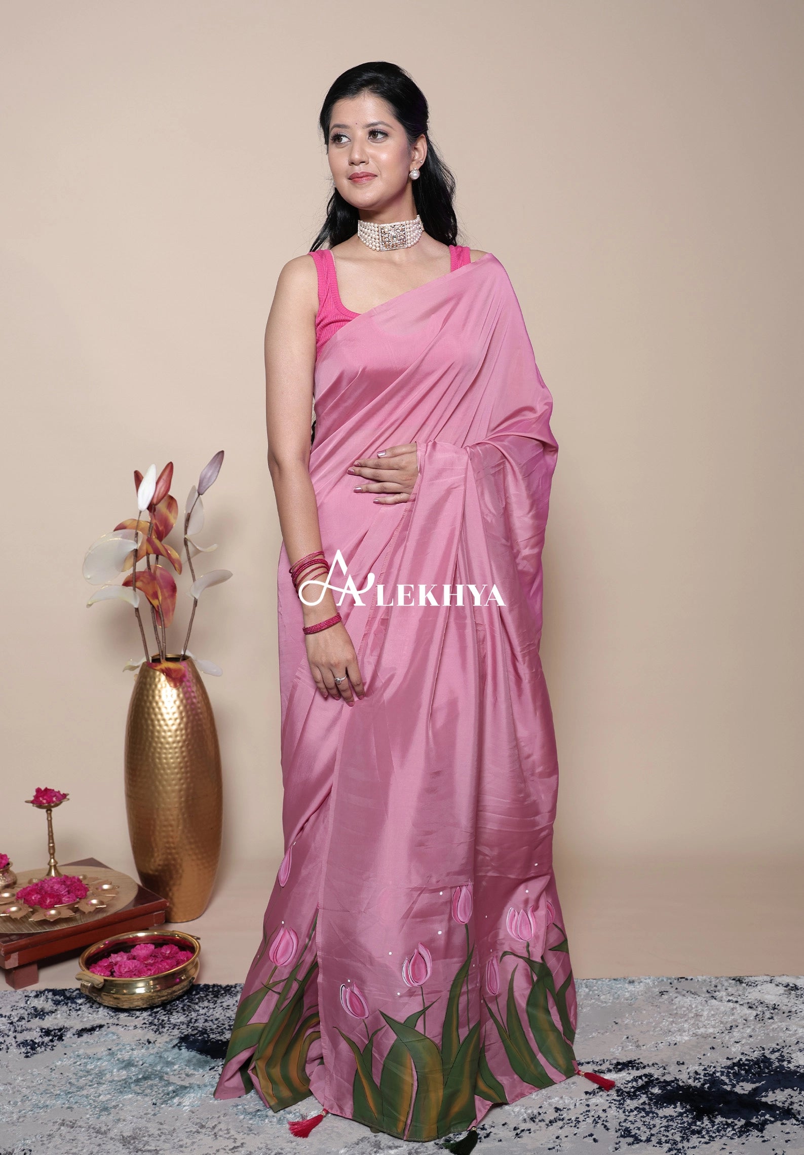 The Artistic Edit — Dazzle Pink Hand Painted Polki Organza Saree