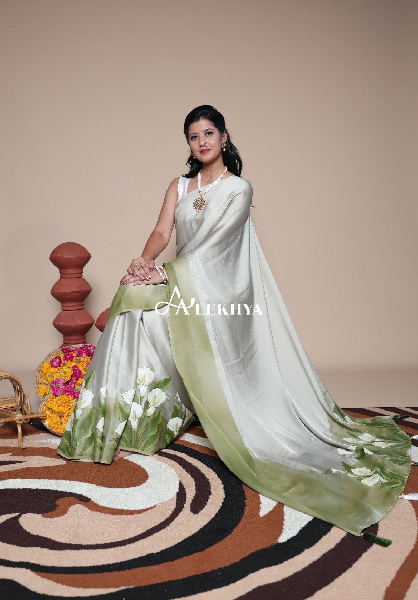 Artistic Expression — Sage Green Silky Satin Saree