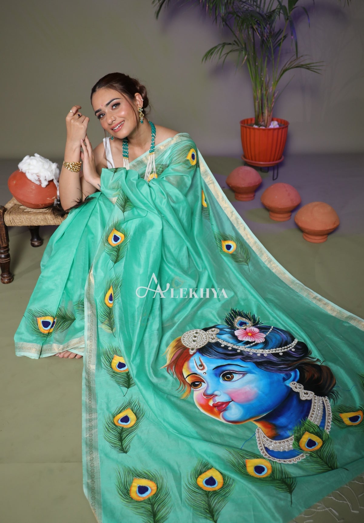 Divine Mayura – Hand-Painted Krishna Maheshwari Handloom Saree
