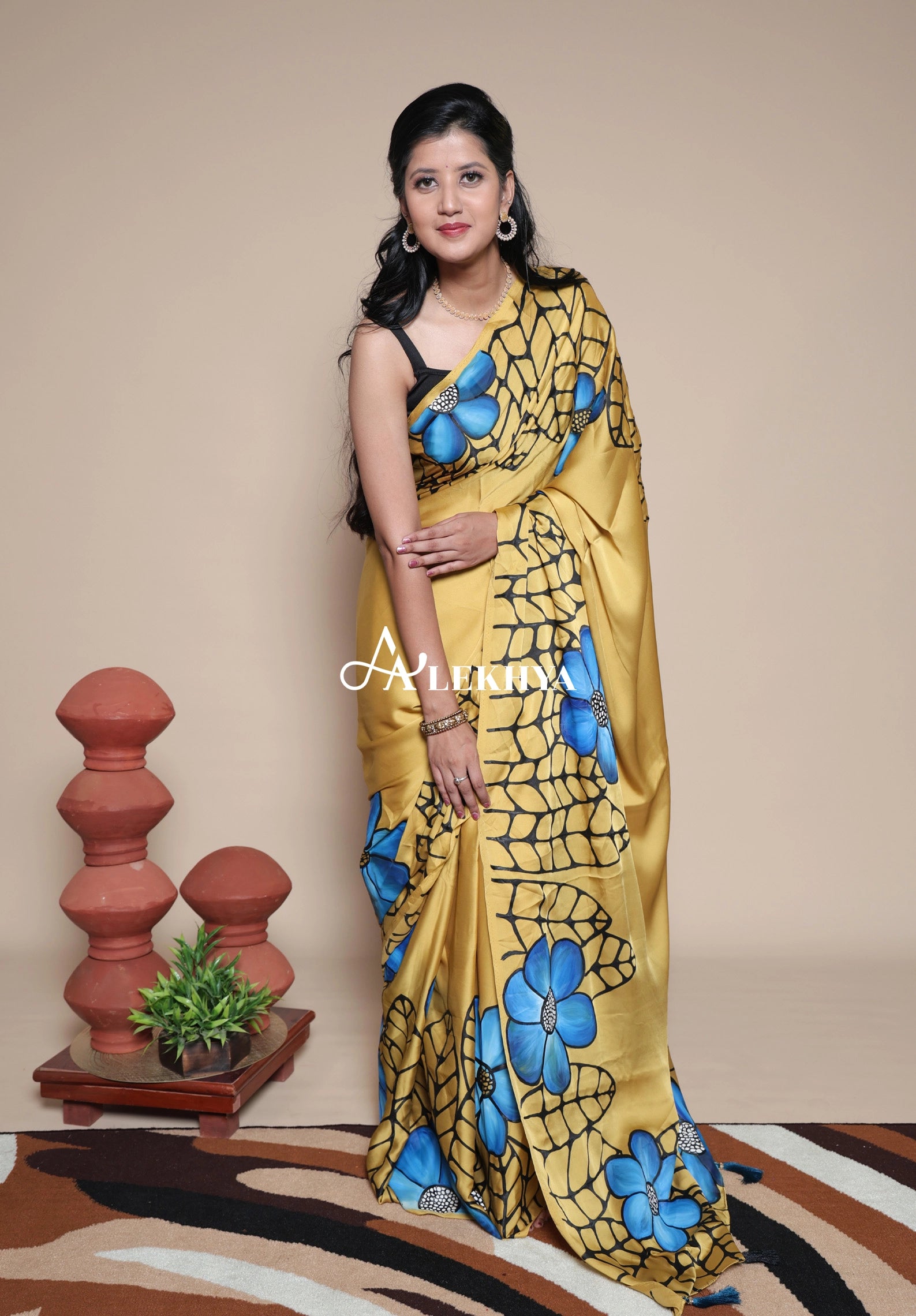 Artistic Expression — Mustard Yellow Silky Satin Saree