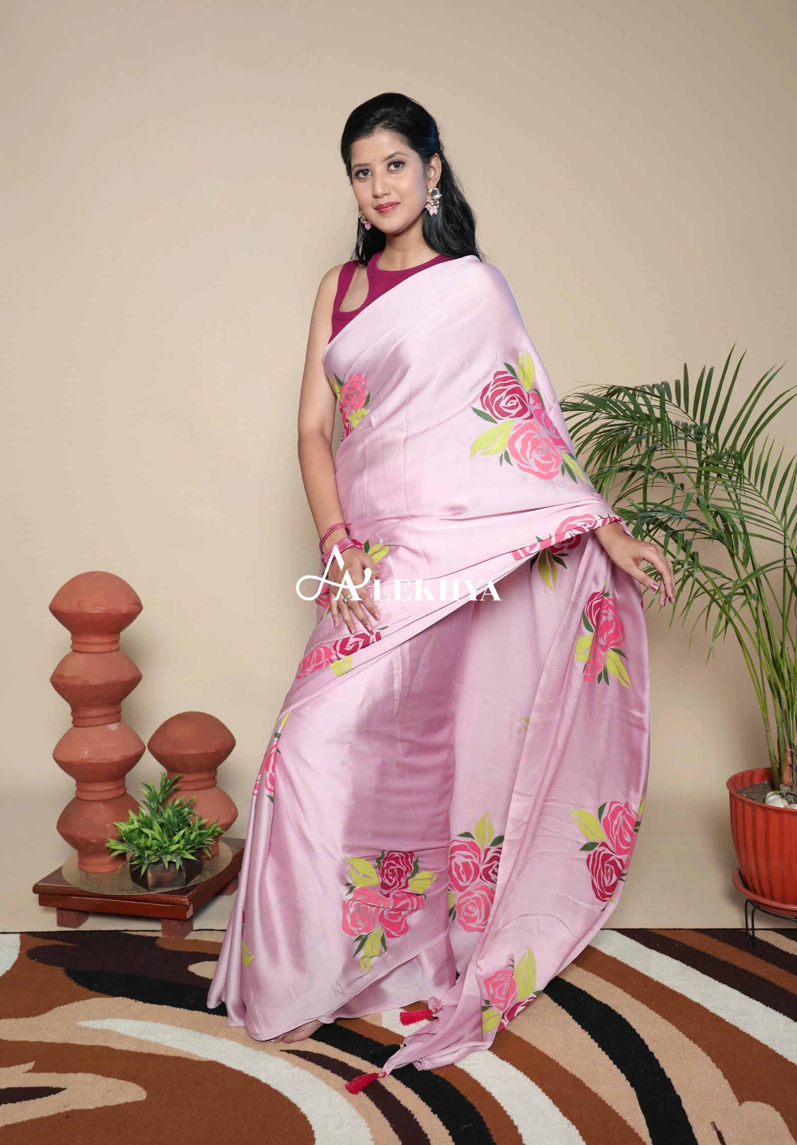 Artistic Expression — Pastel Pink Silky Satin Saree