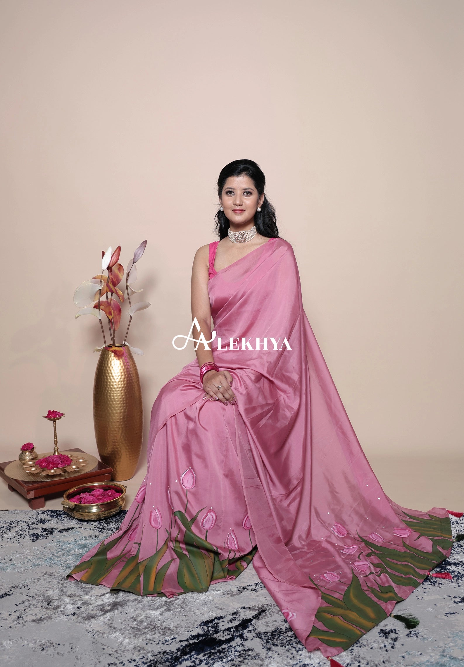 The Artistic Edit — Dazzle Pink Hand Painted Polki Organza Saree