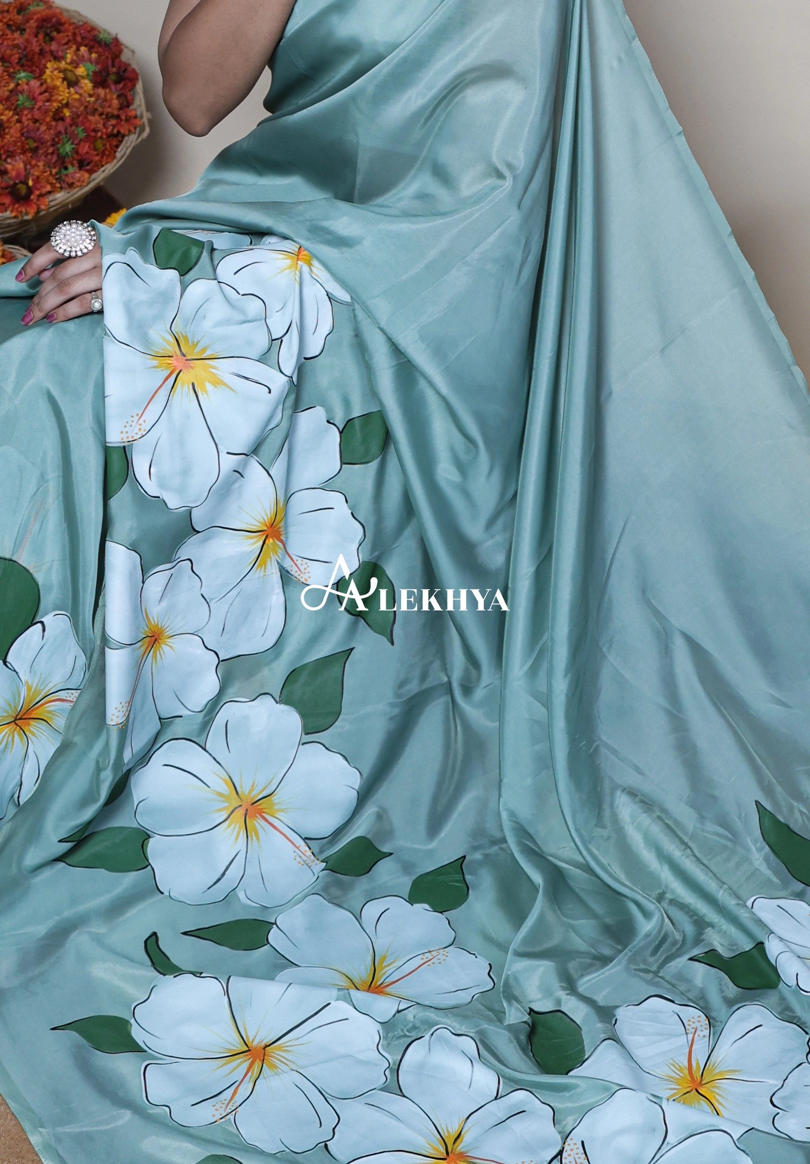 The Artistic Edit — Sage Green Hand Painted Polki Organza Saree