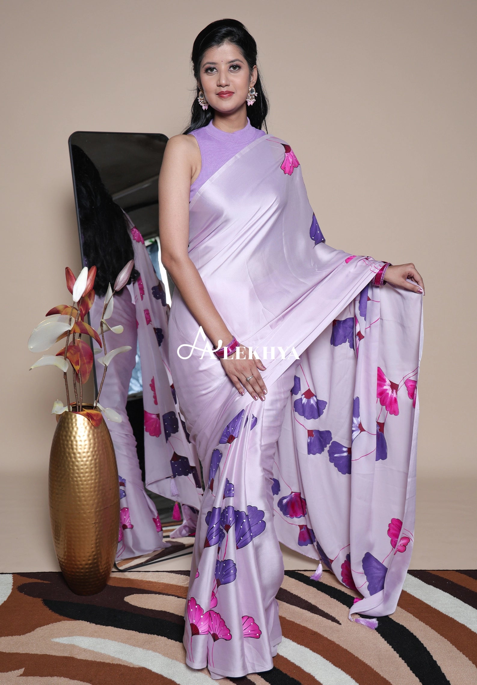Artistic Expression — Lilac Silky Satin Saree