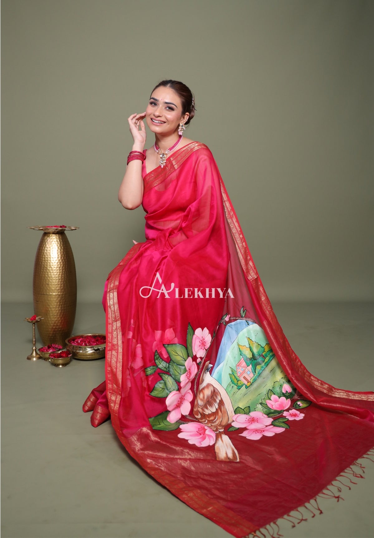 Sparrow in Blossom – Hand-Painted Rani Pink Maheshwari Handloom Saree