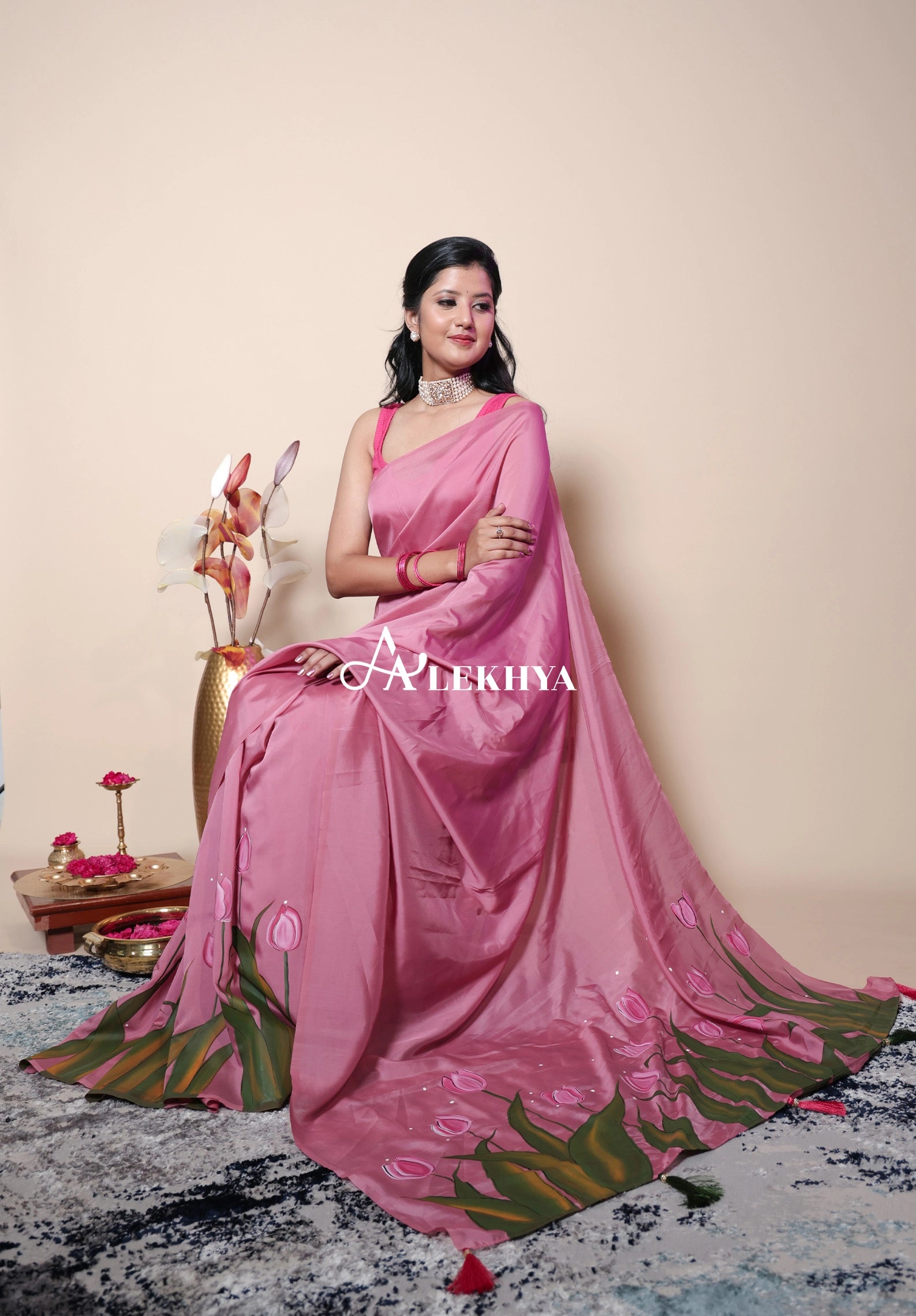 The Artistic Edit — Dazzle Pink Hand Painted Polki Organza Saree
