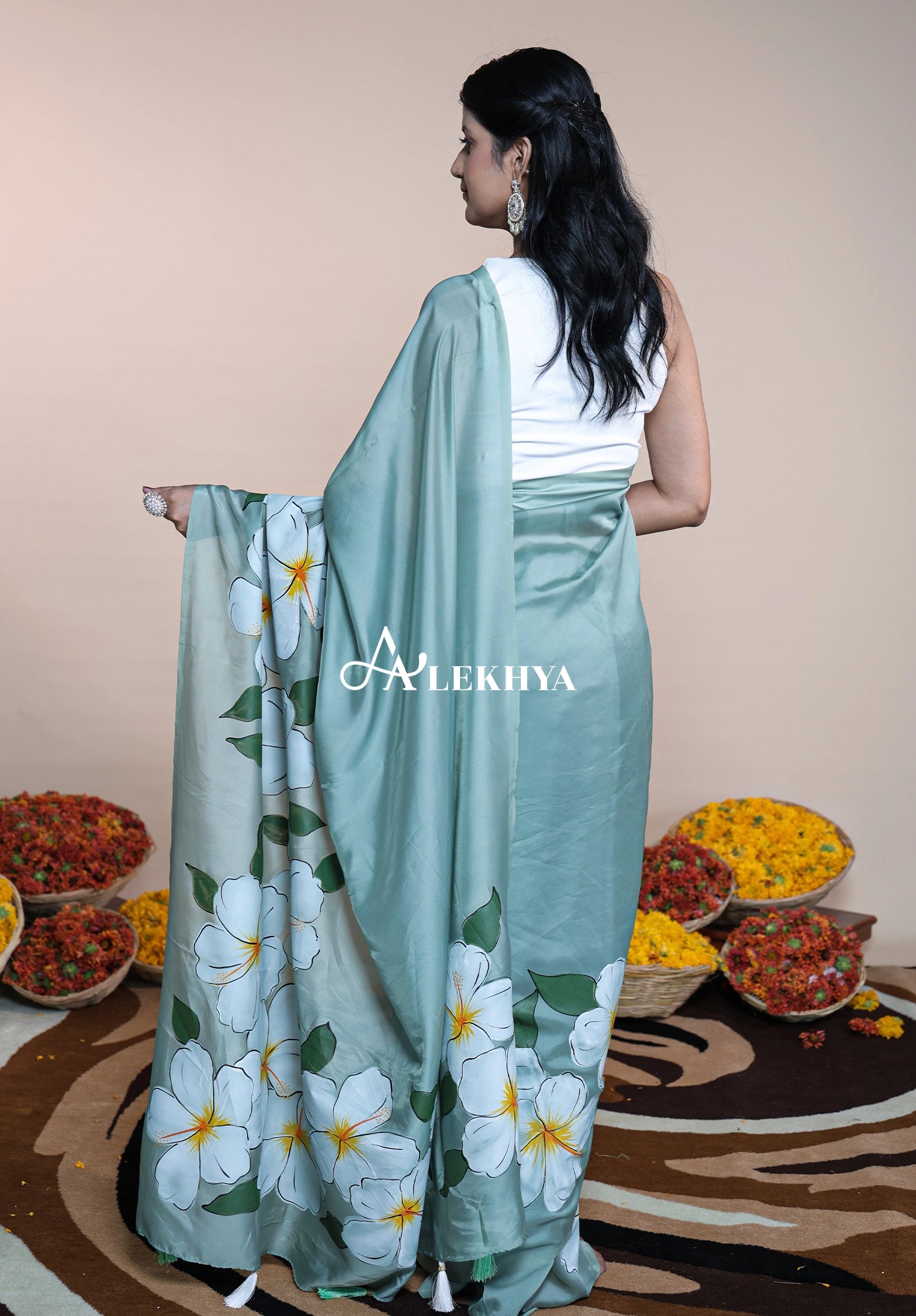 The Artistic Edit — Sage Green Hand Painted Polki Organza Saree