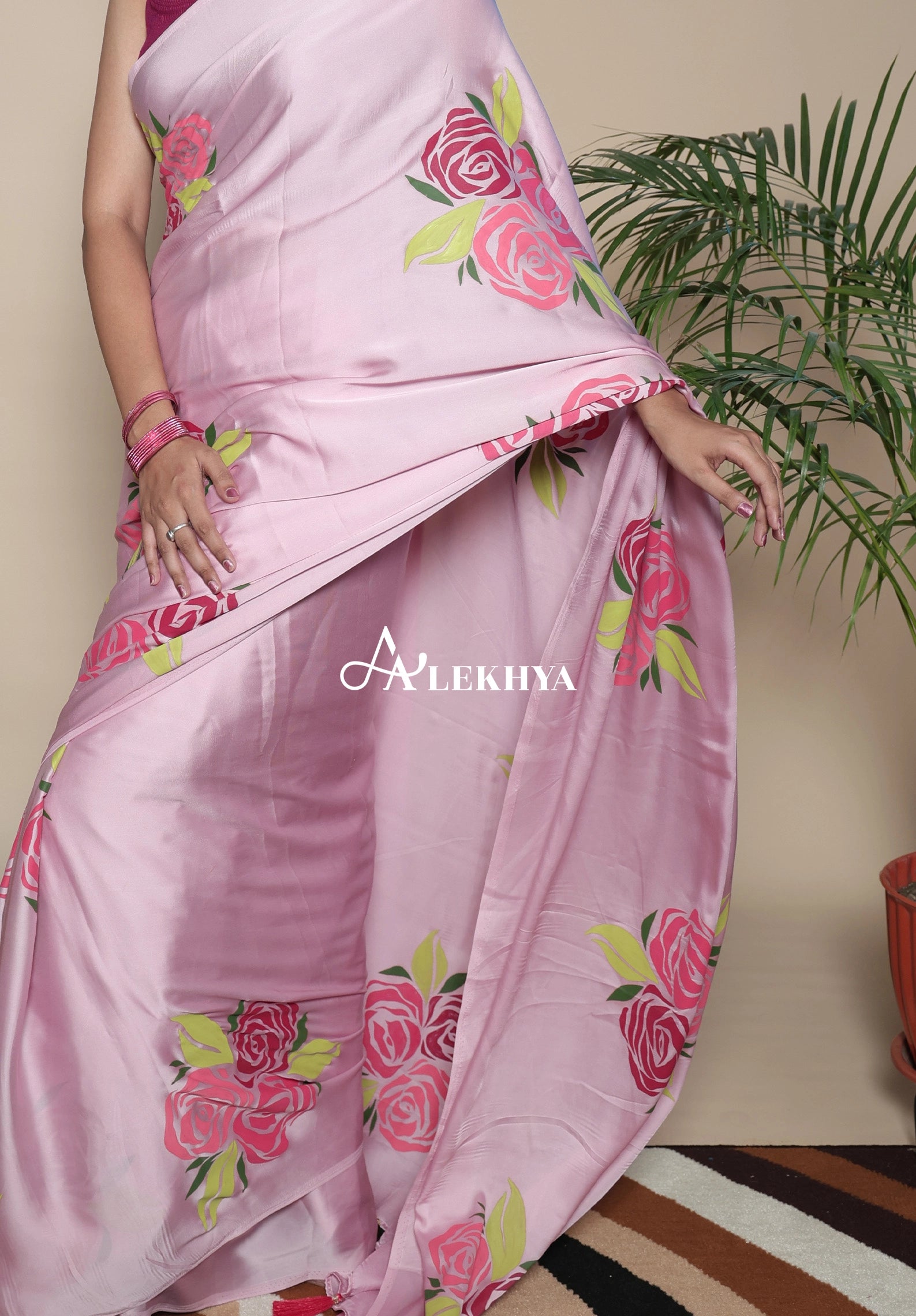 Artistic Expression — Pastel Pink Silky Satin Saree
