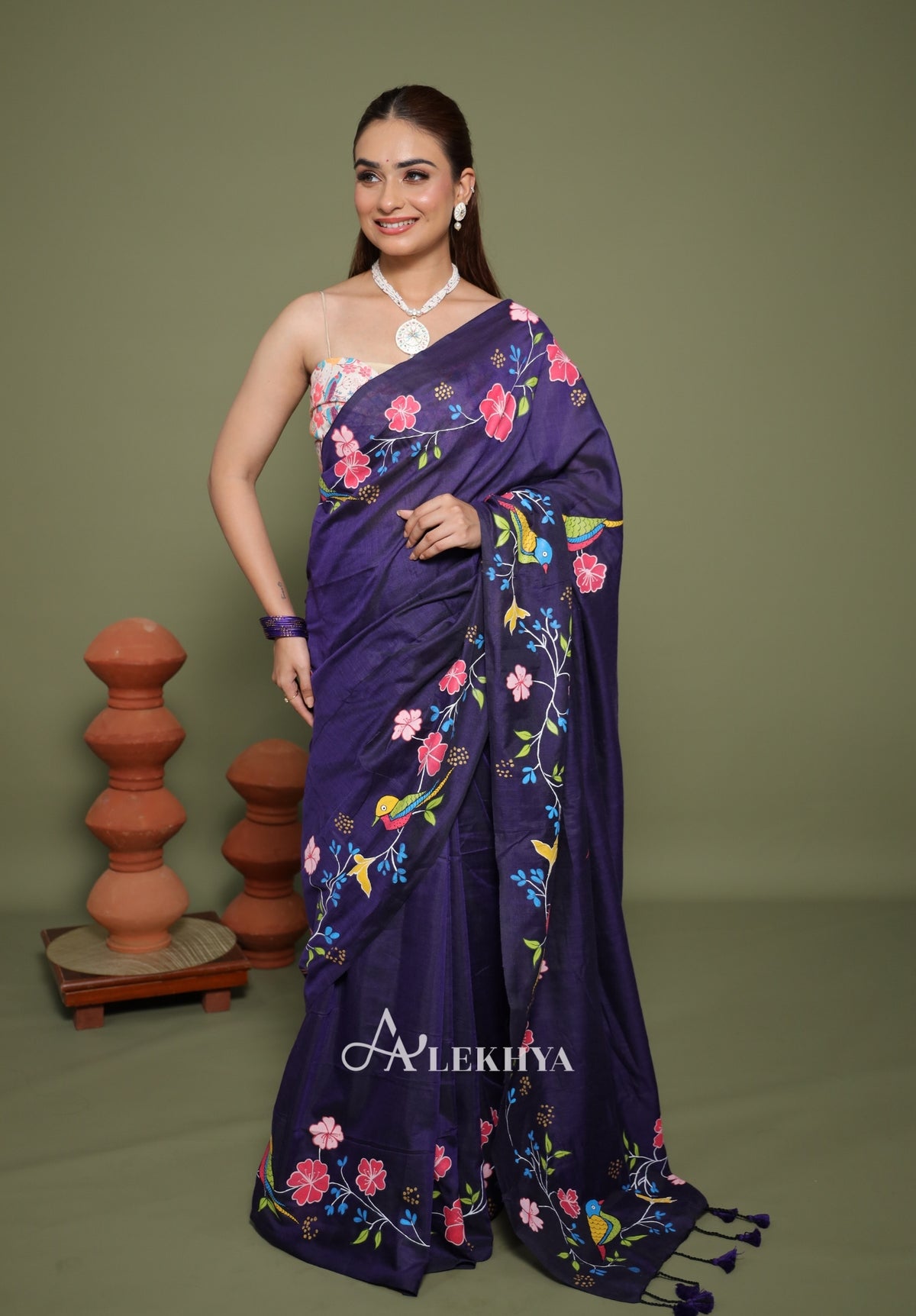 Midnight Blossom – Royal Purple Cotton Saree