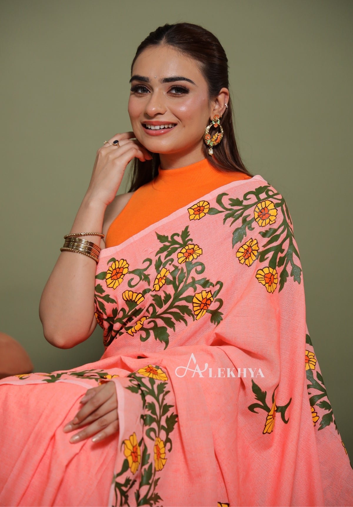 Sunflower Bloom – Peach Cotton Saree