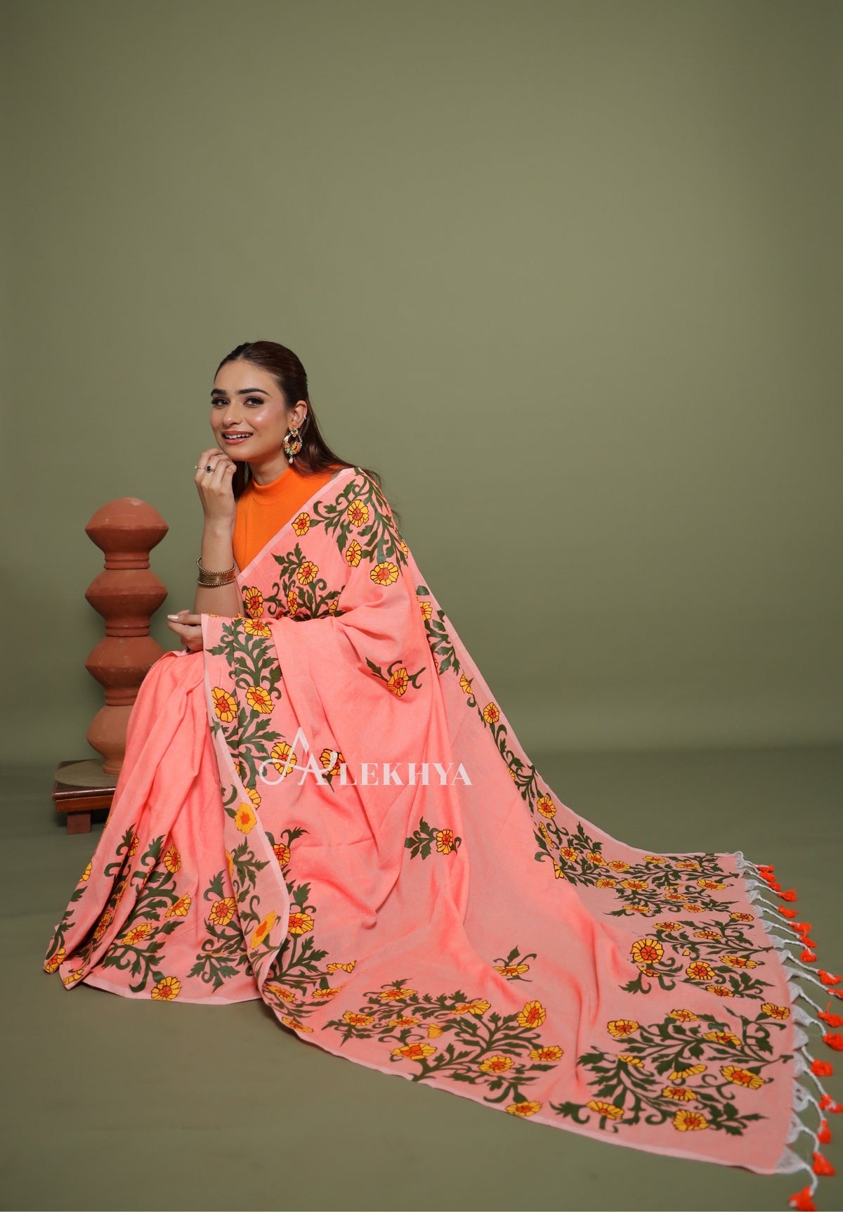 Sunflower Bloom – Peach Cotton Saree