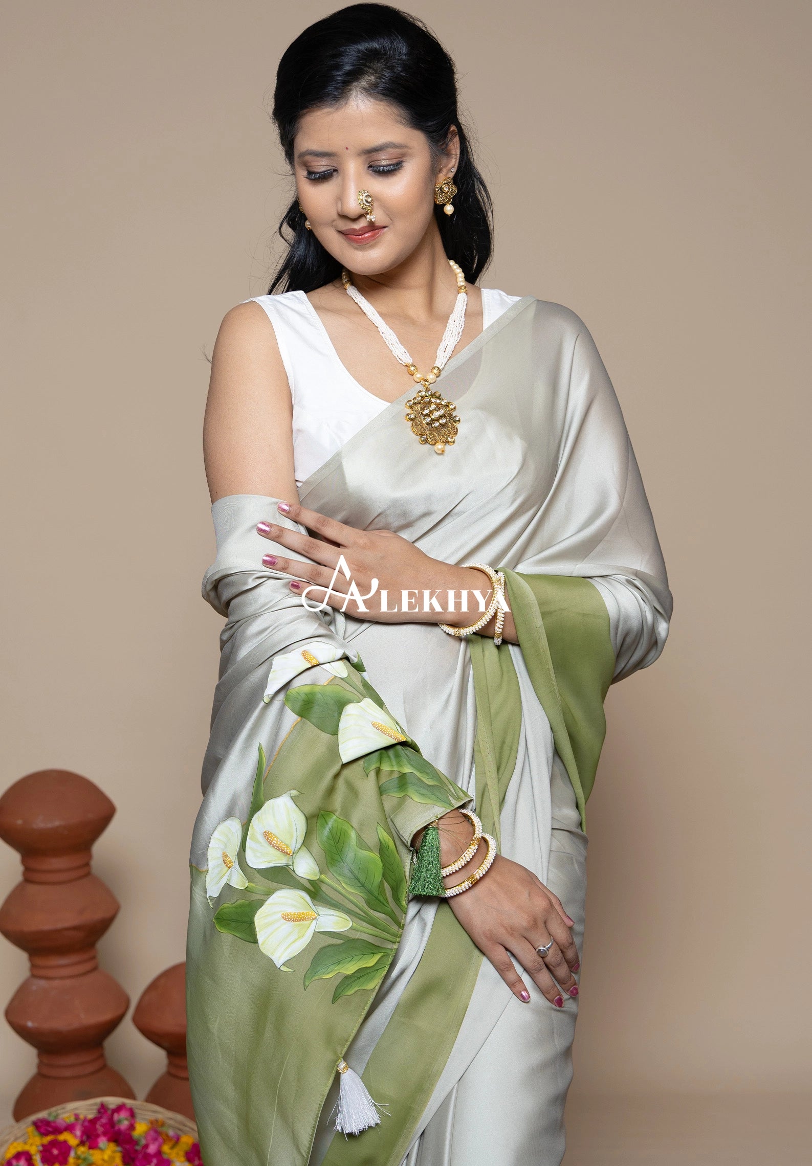 Artistic Expression — Sage Green Silky Satin Saree