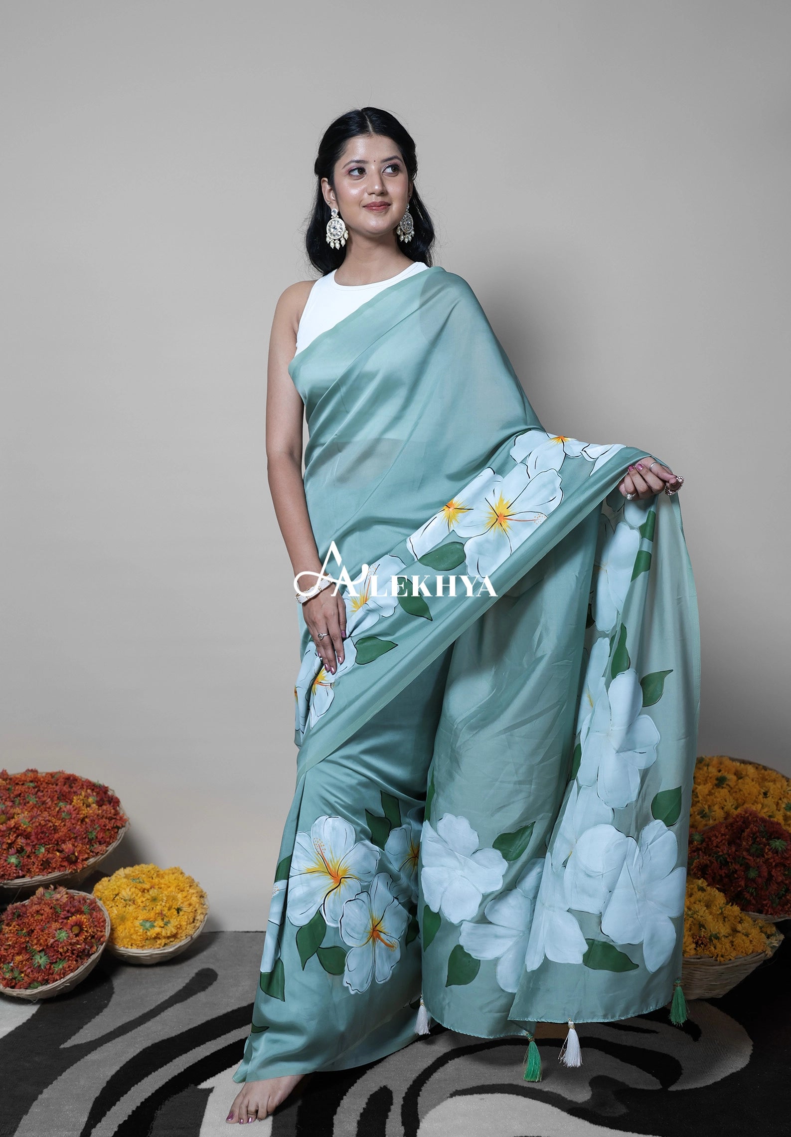 The Artistic Edit — Sage Green Hand Painted Polki Organza Saree