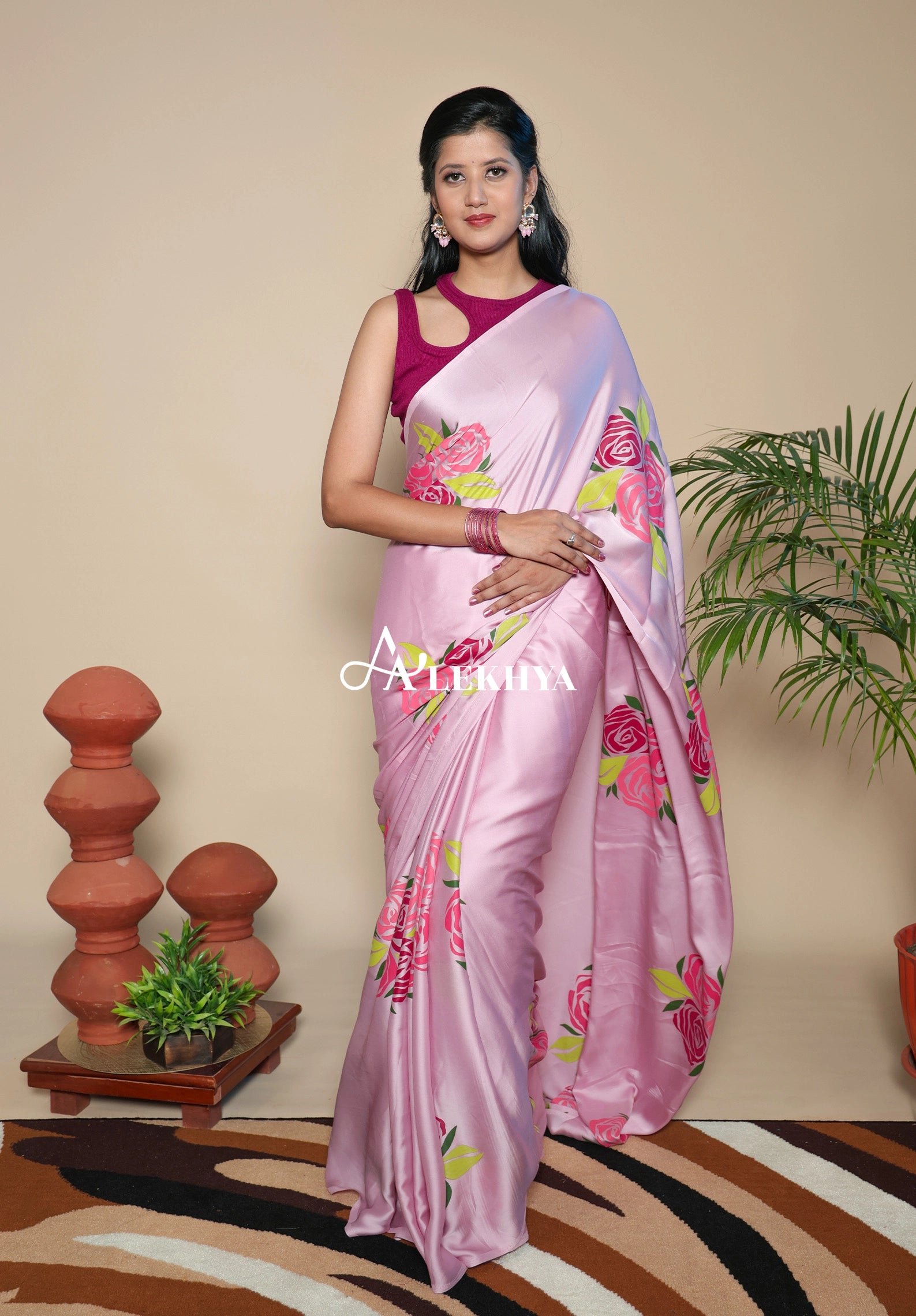 Artistic Expression — Pastel Pink Silky Satin Saree