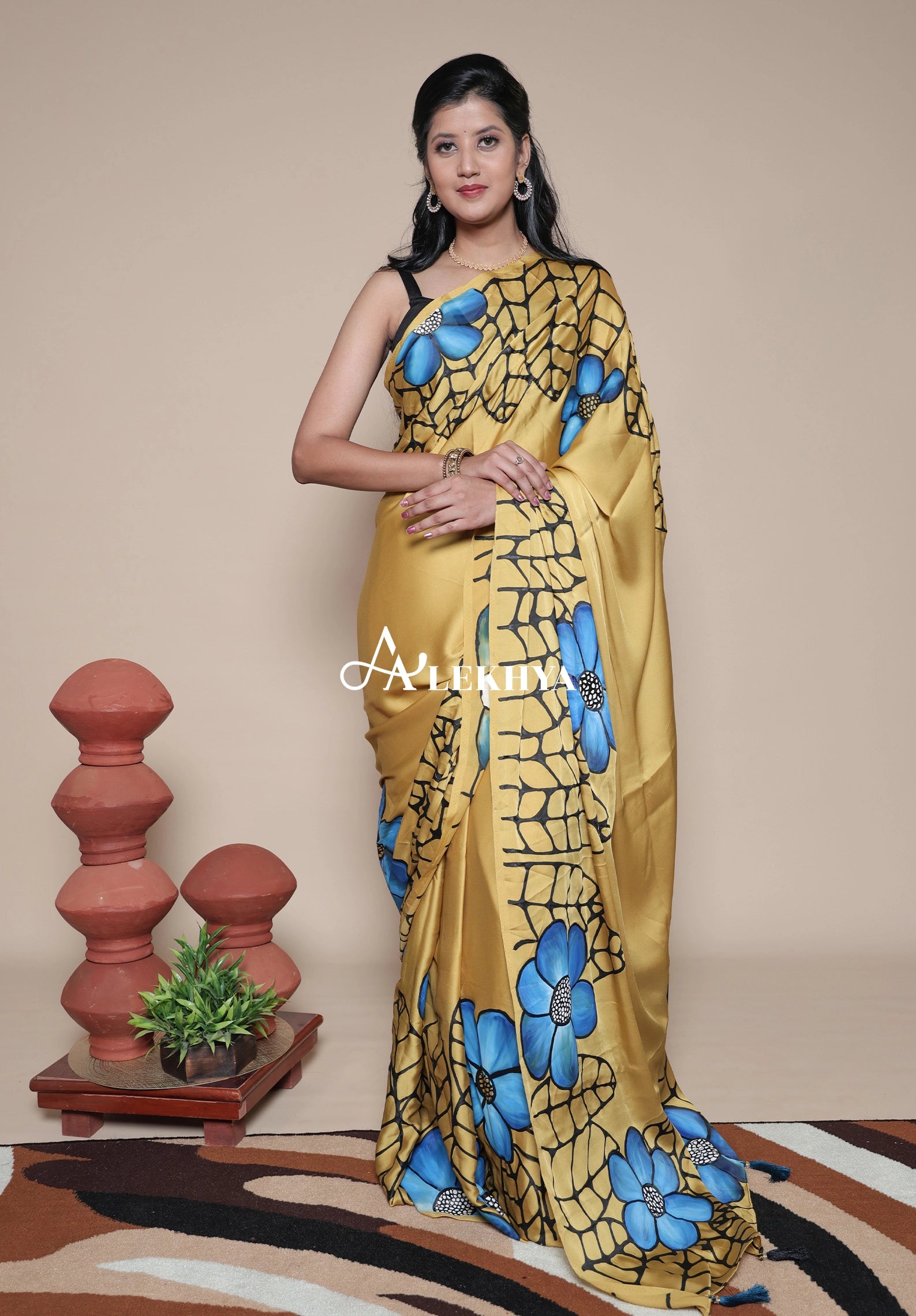 Artistic Expression — Mustard Yellow Silky Satin Saree