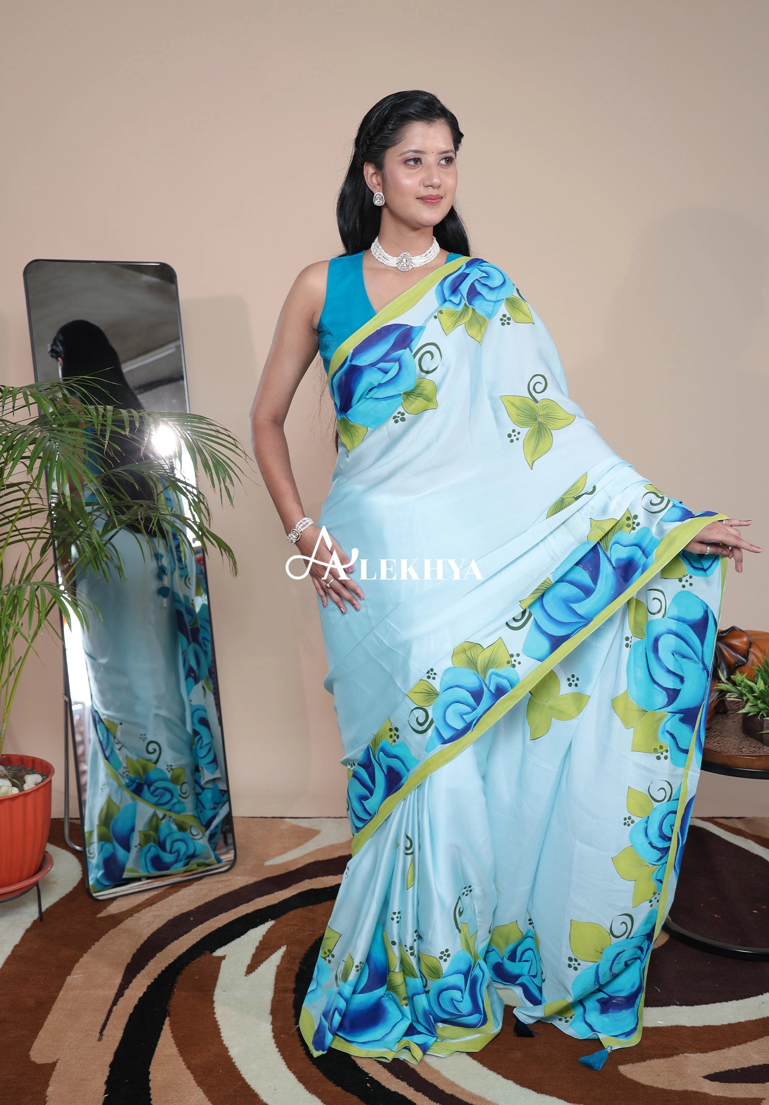 Artistic Expression — Sky Blue Silky Satin Saree