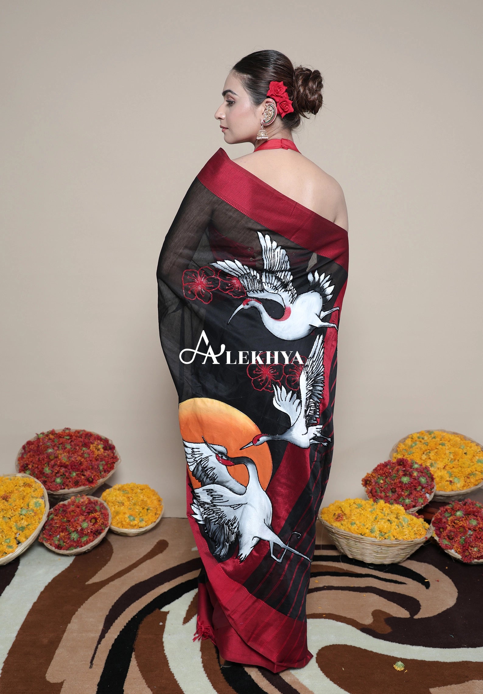 Crane Symphony–Heritage Maheshwari Handloom Saree