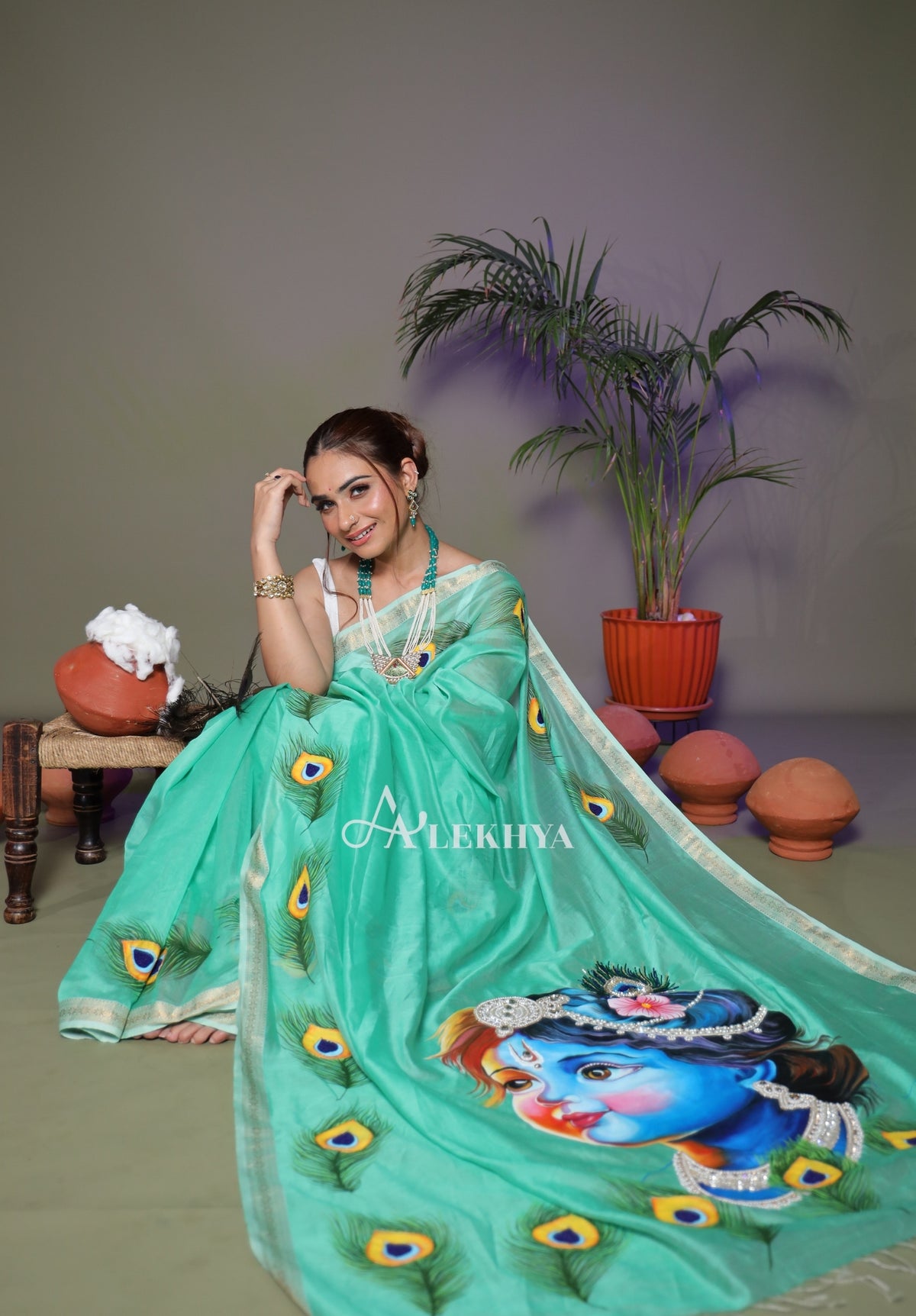 Divine Mayura – Hand-Painted Krishna Maheshwari Handloom Saree