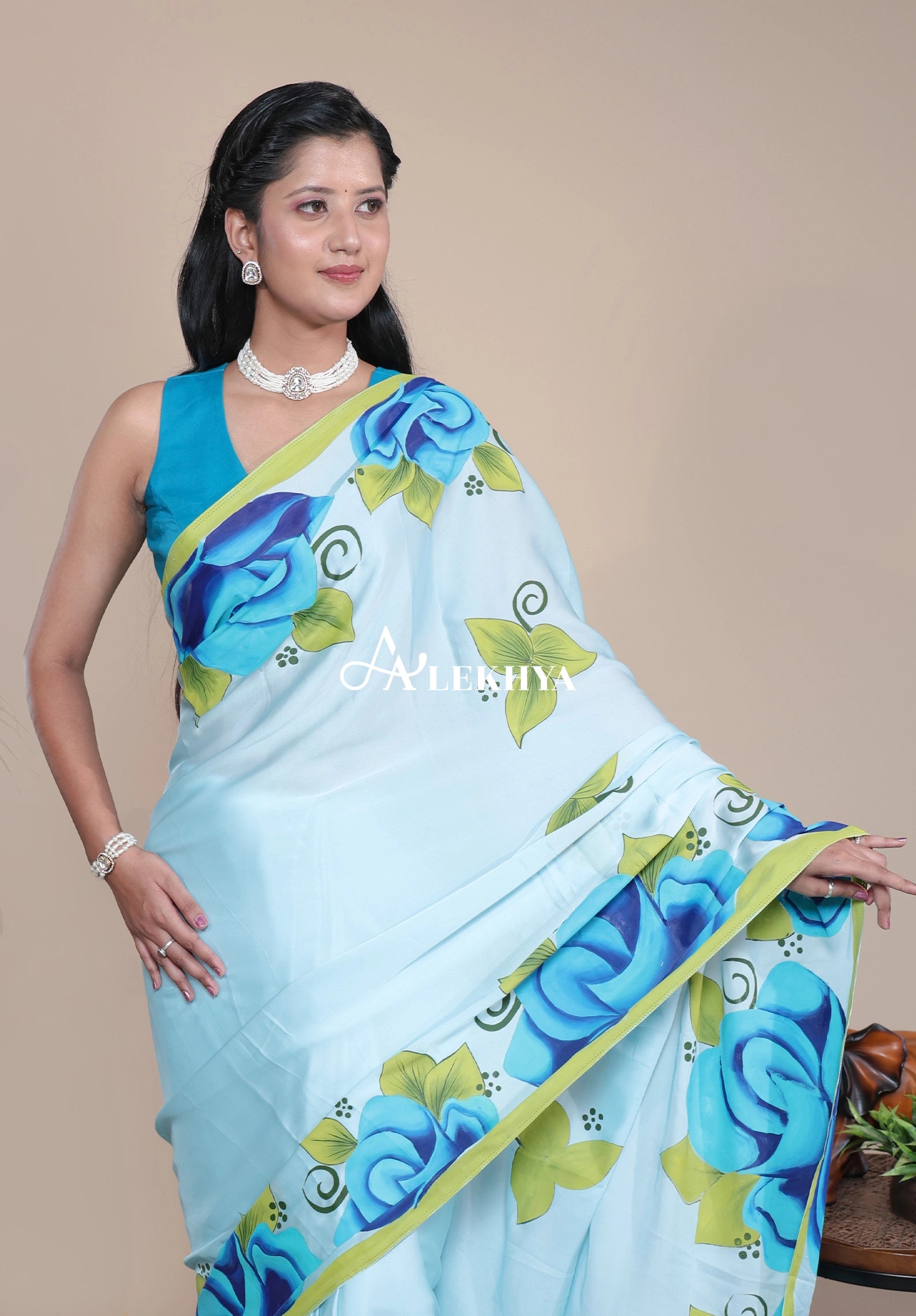 Artistic Expression — Sky Blue Silky Satin Saree