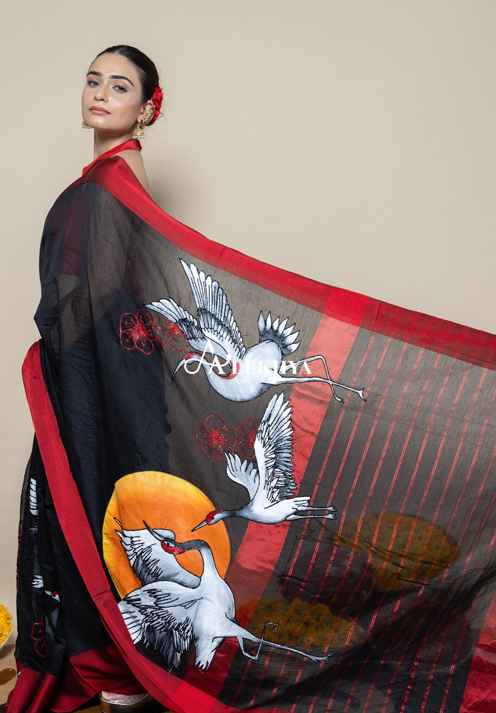 Crane Symphony–Heritage Maheshwari Handloom Saree