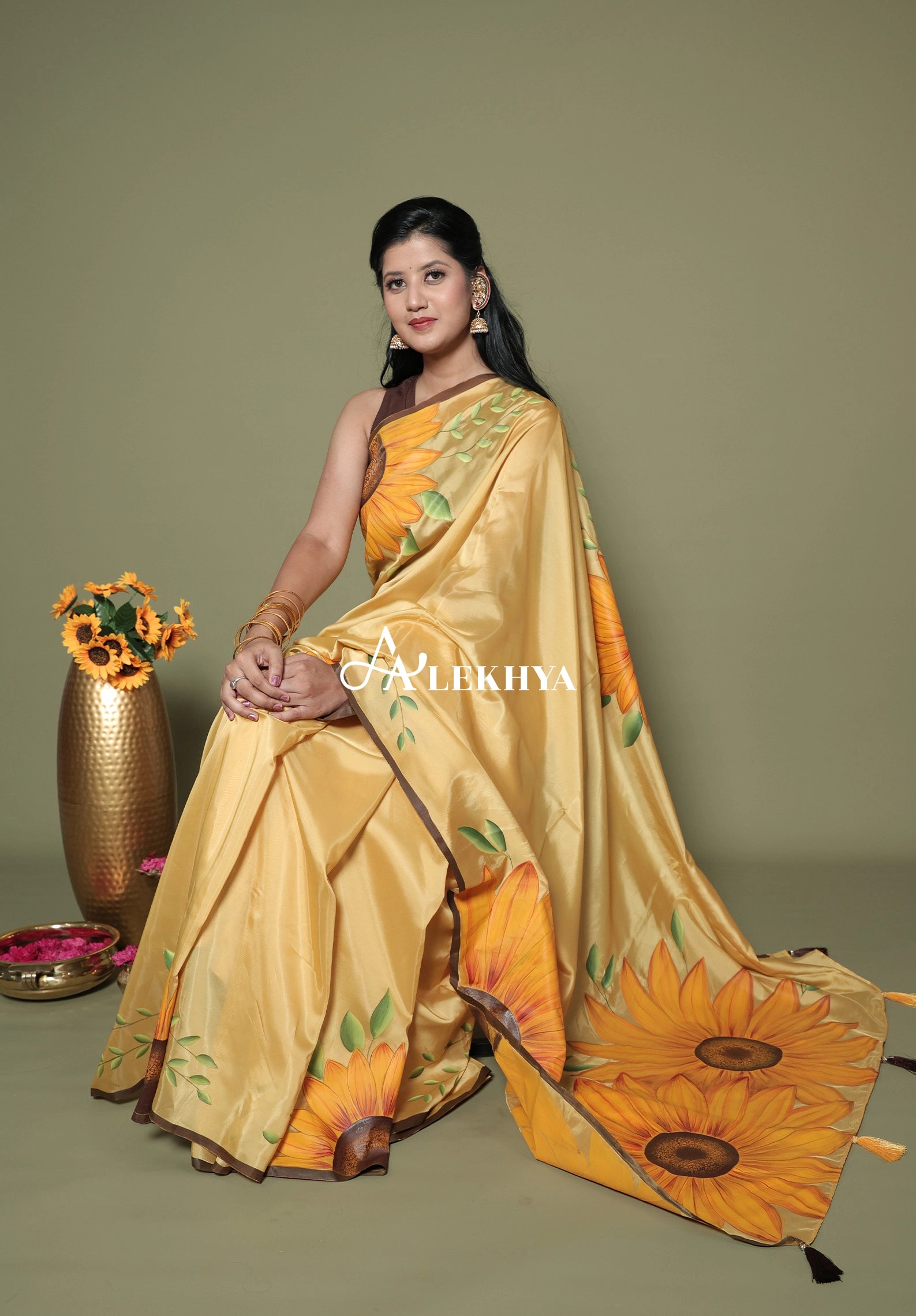 The Artistic Edit — Mustard Yellow Hand Painted Polki Organza Saree