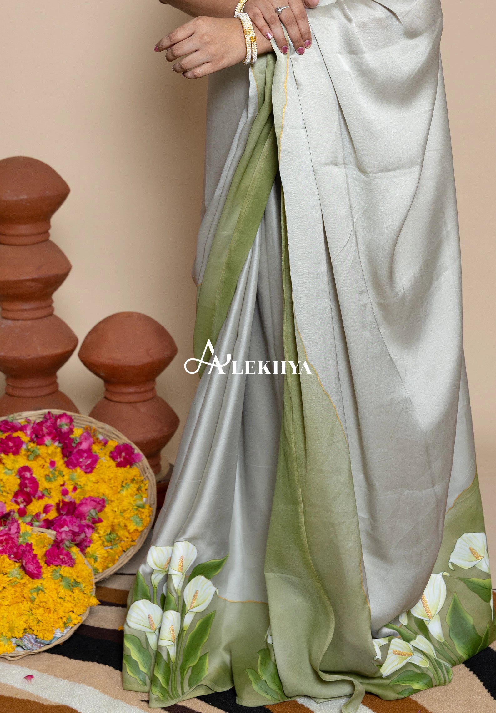 Artistic Expression — Sage Green Silky Satin Saree