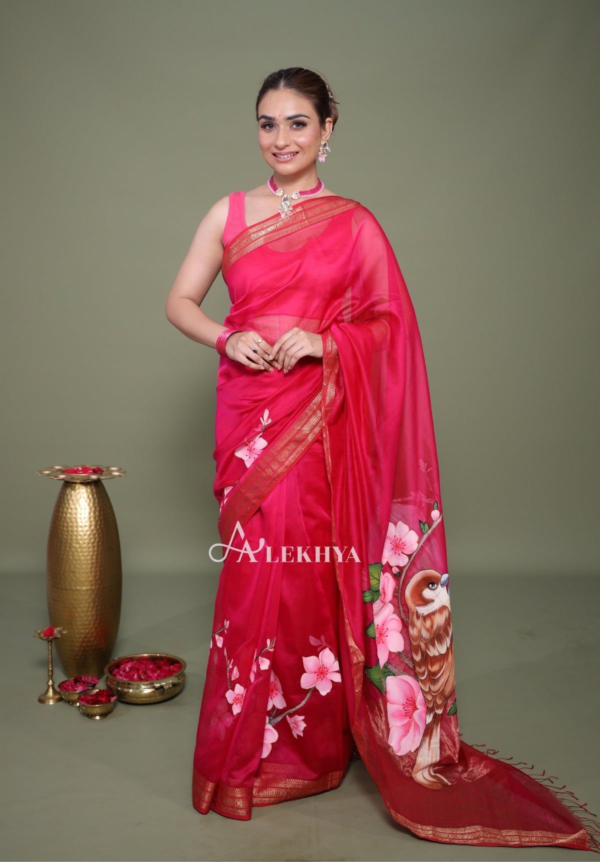 Sparrow in Blossom – Hand-Painted Rani Pink Maheshwari Handloom Saree