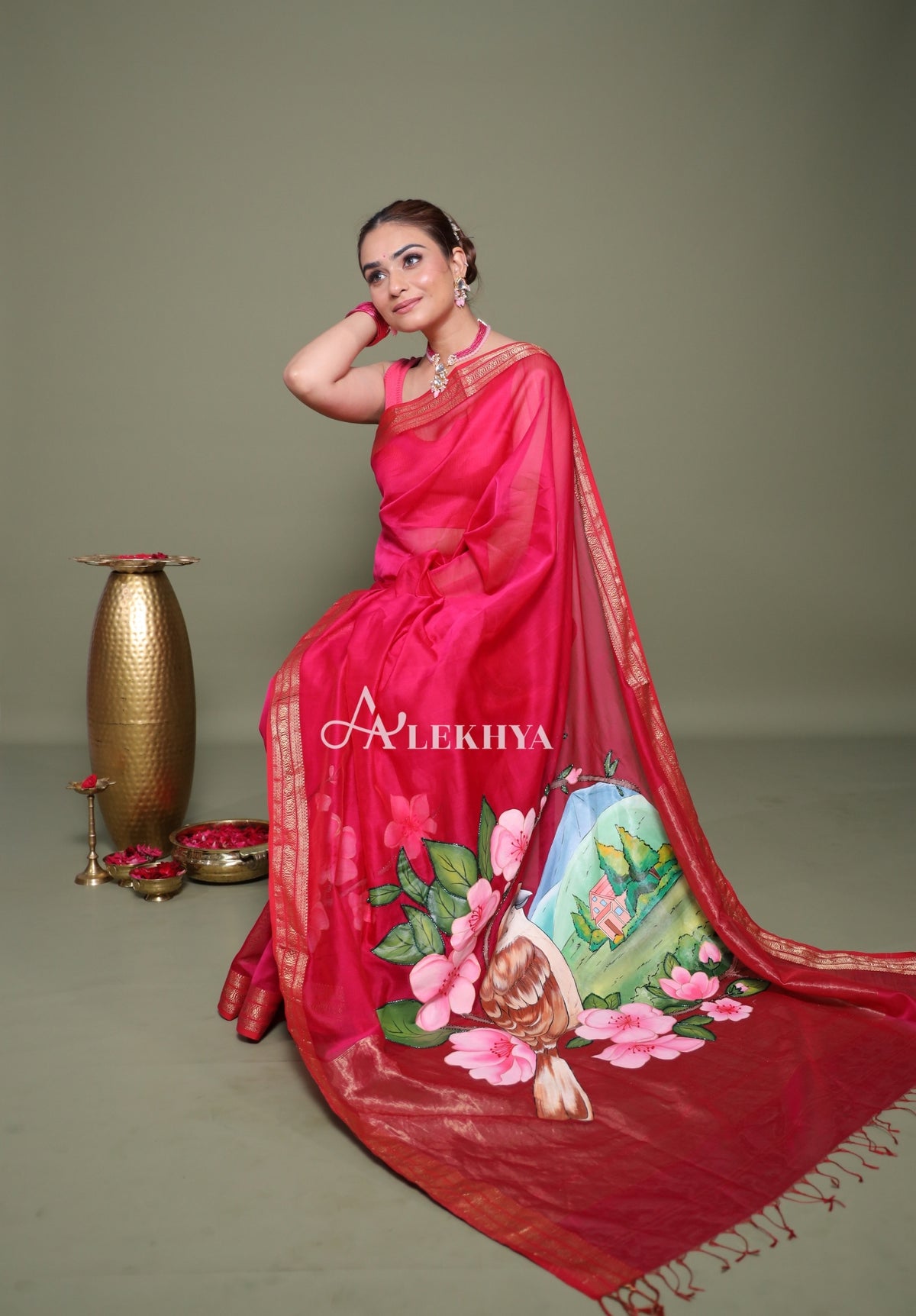 Sparrow in Blossom – Hand-Painted Rani Pink Maheshwari Handloom Saree