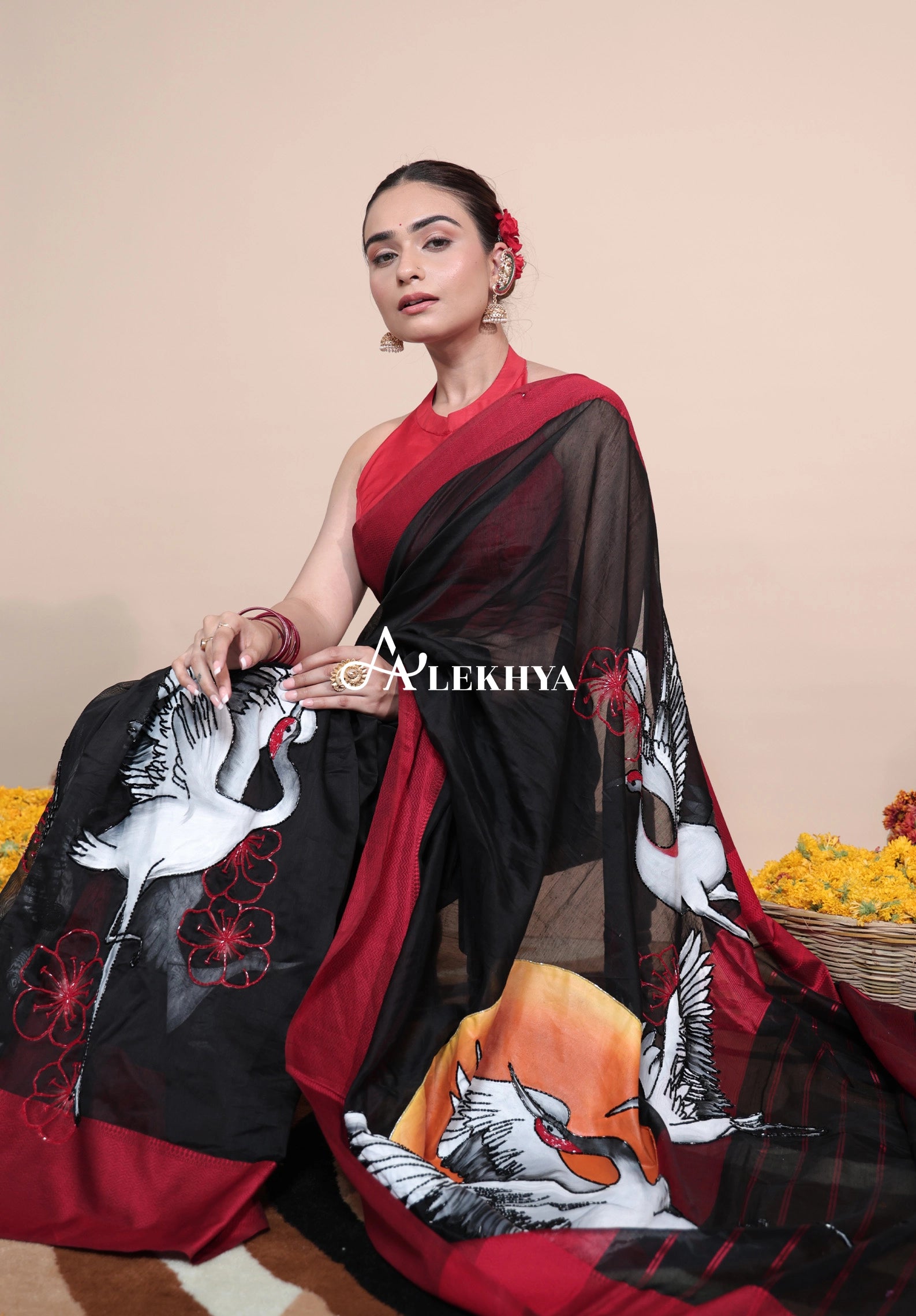 Crane Symphony–Heritage Maheshwari Handloom Saree