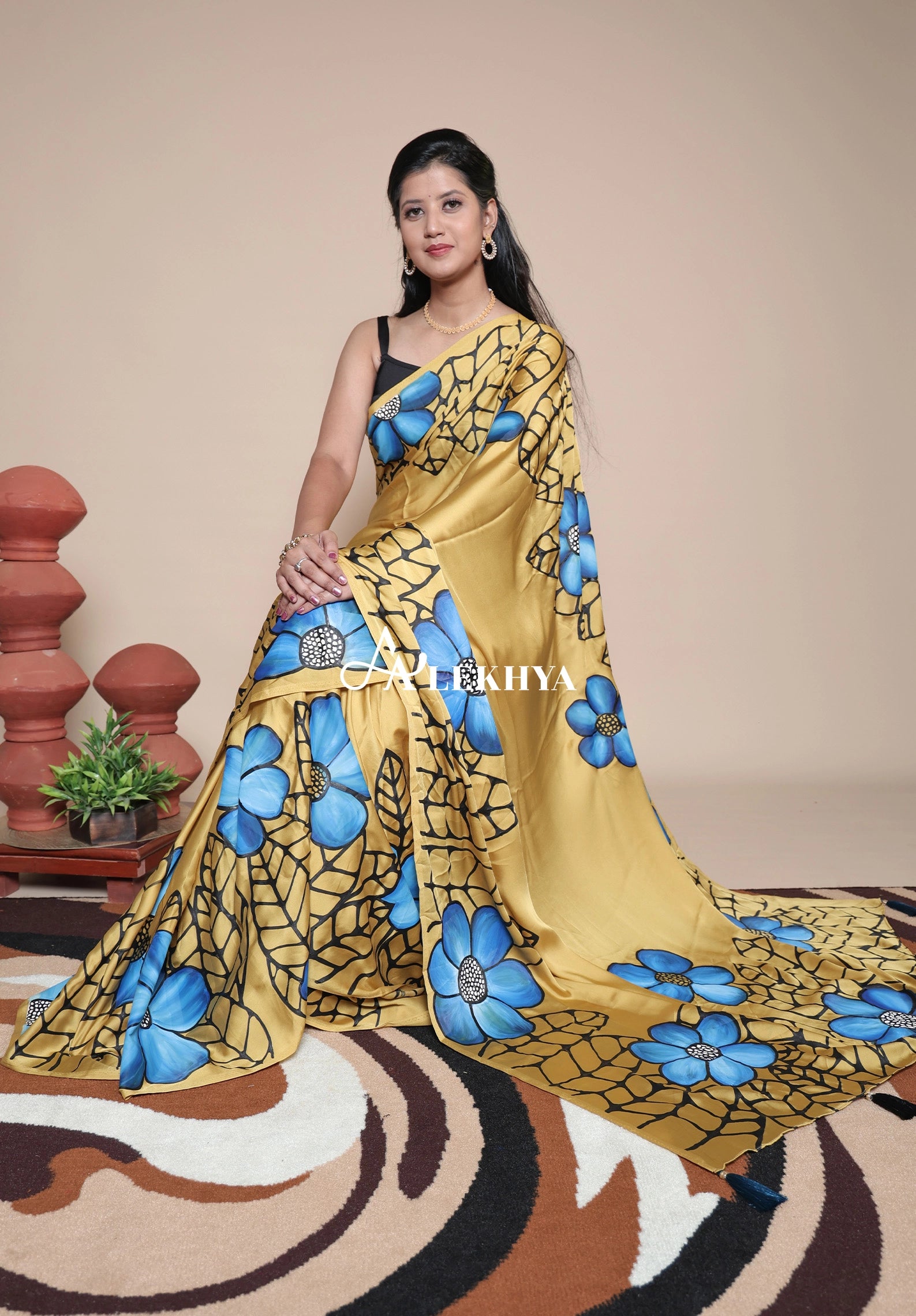 Artistic Expression — Mustard Yellow Silky Satin Saree