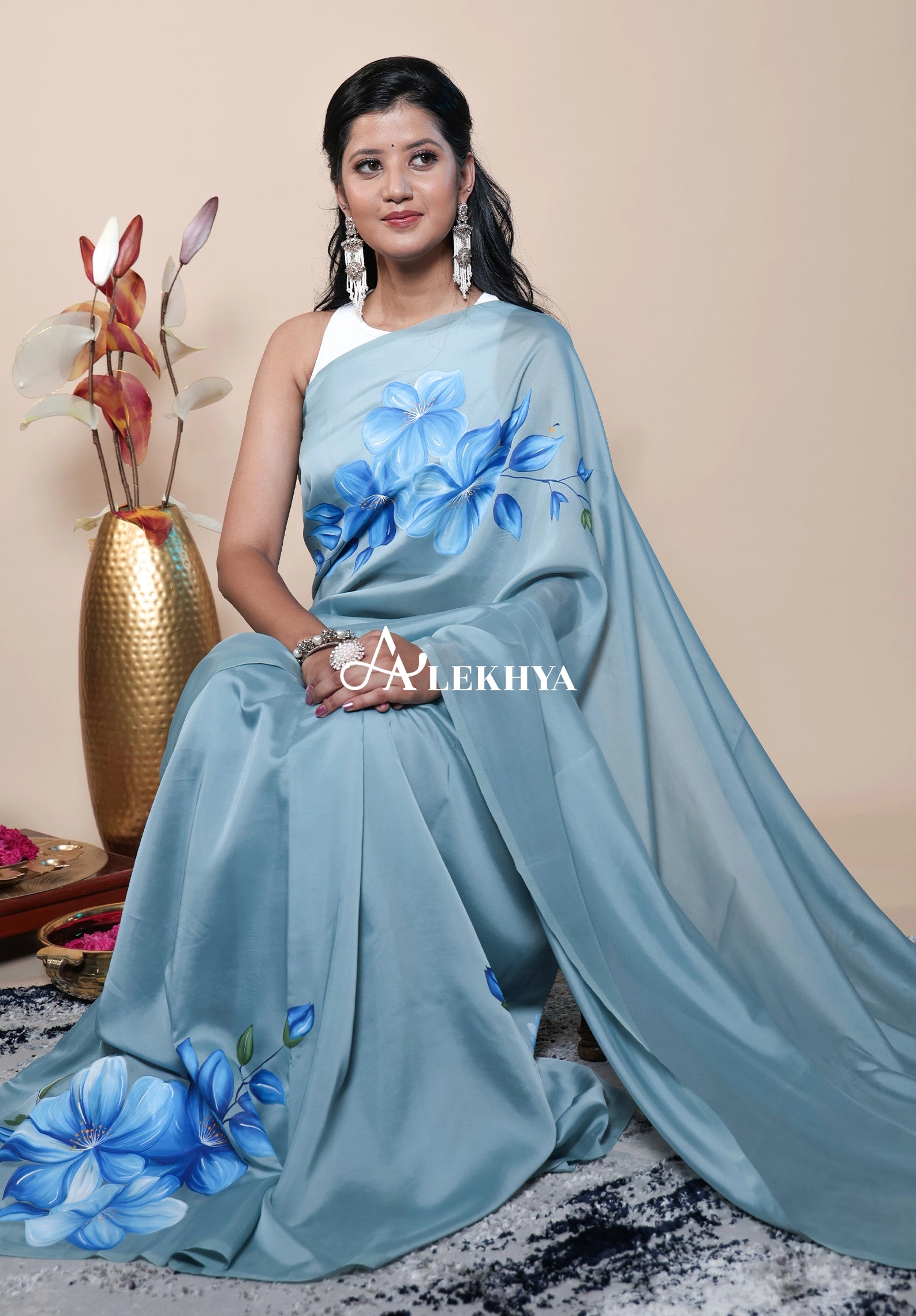 The Artistic Edit — powder Blue Hand Painted Polki Organza Saree