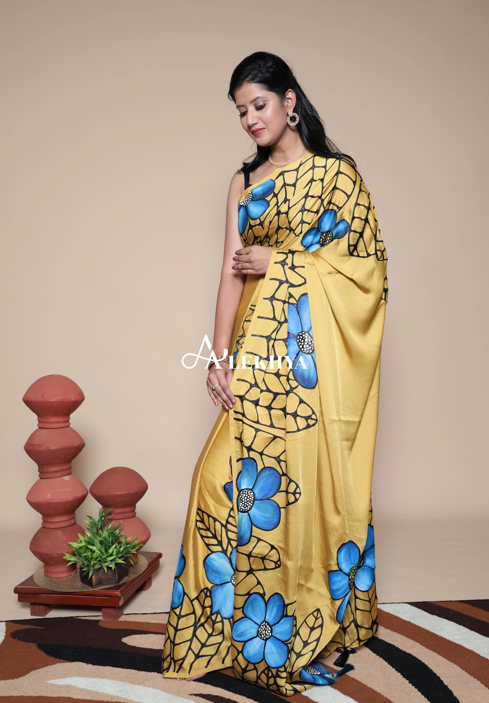Artistic Expression — Mustard Yellow Silky Satin Saree