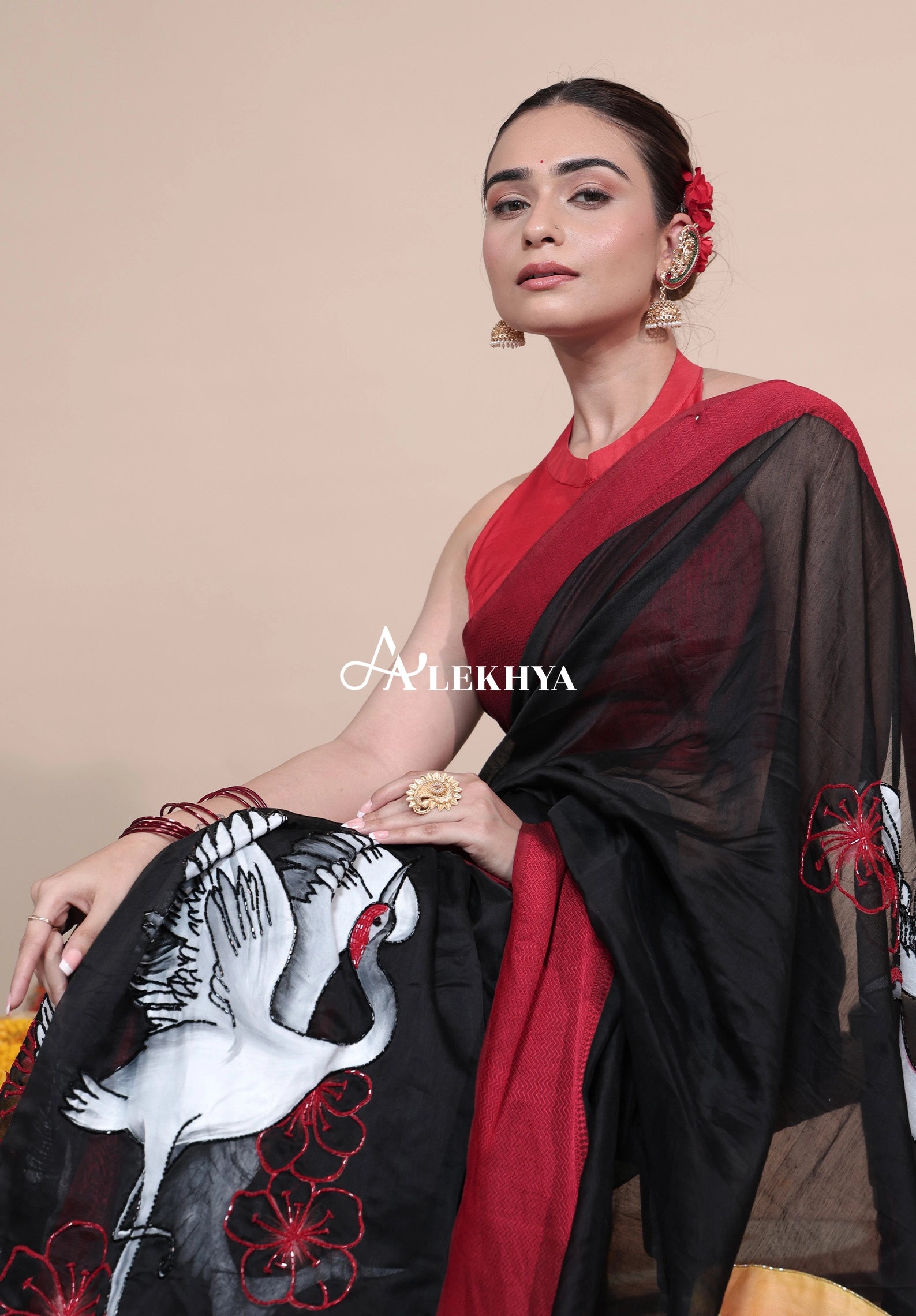 Crane Symphony–Heritage Maheshwari Handloom Saree