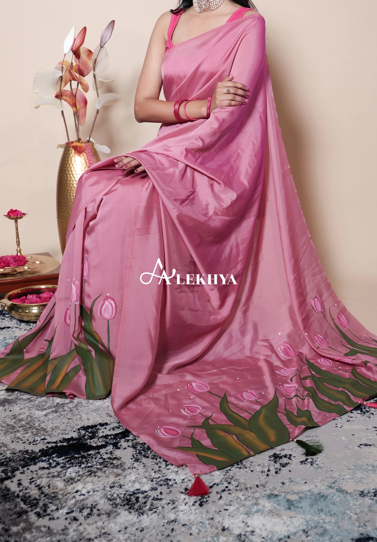 The Artistic Edit — Dazzle Pink Hand Painted Polki Organza Saree