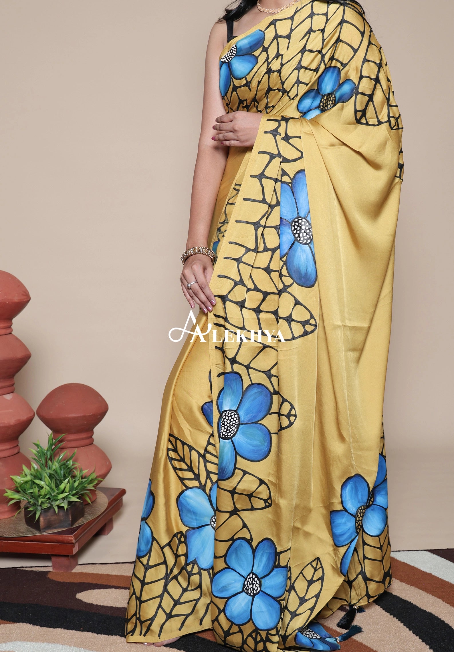 Artistic Expression — Mustard Yellow Silky Satin Saree