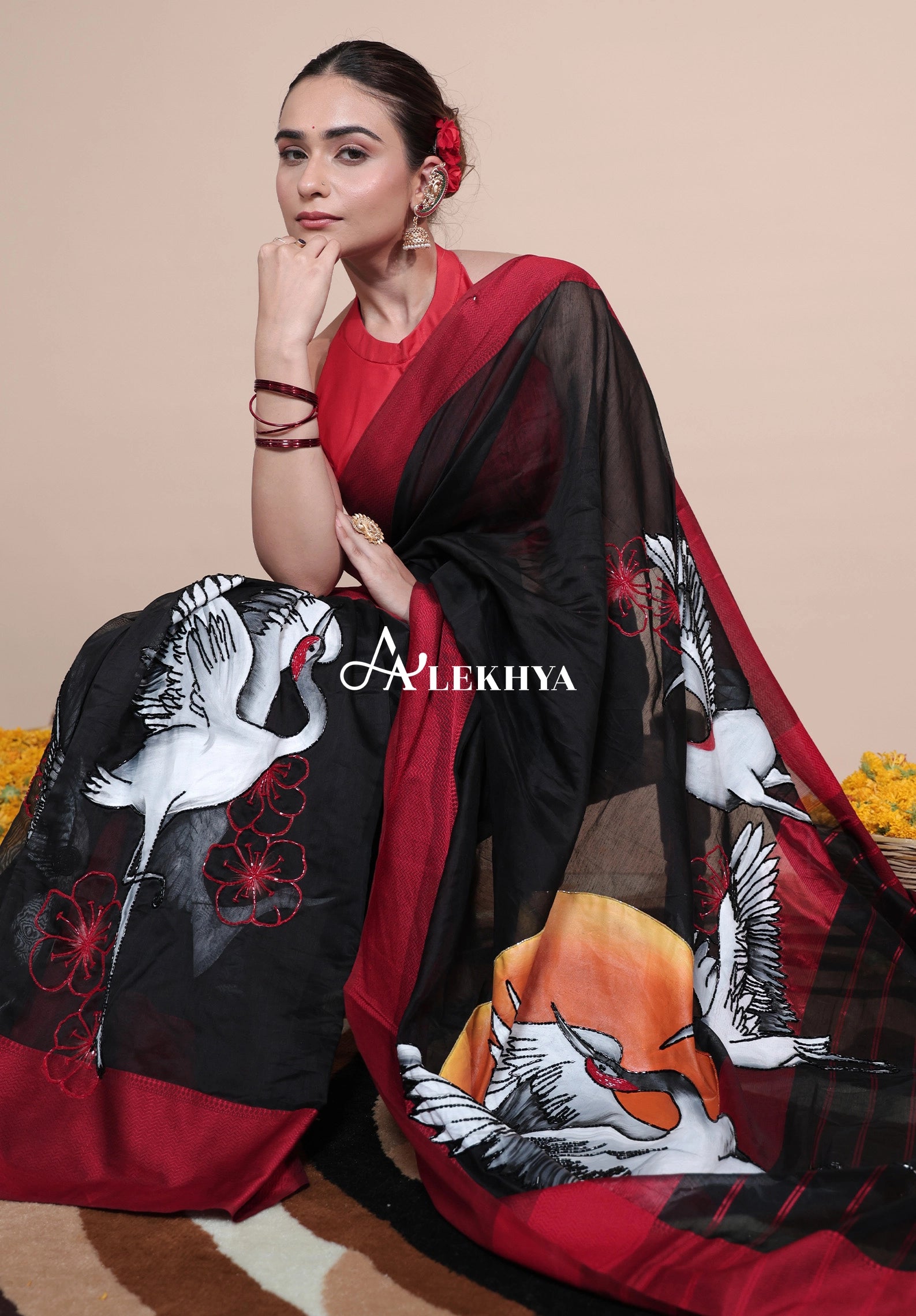 Crane Symphony–Heritage Maheshwari Handloom Saree