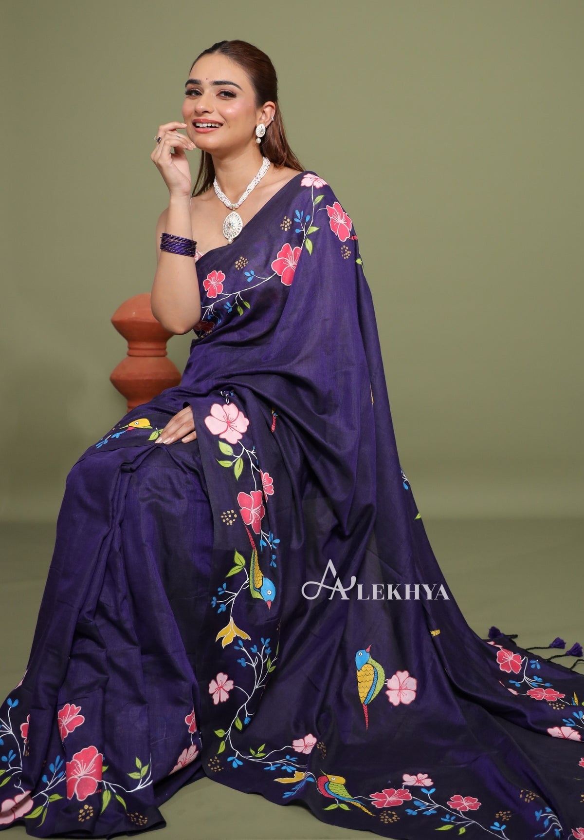 Midnight Blossom – Royal Purple Cotton Saree