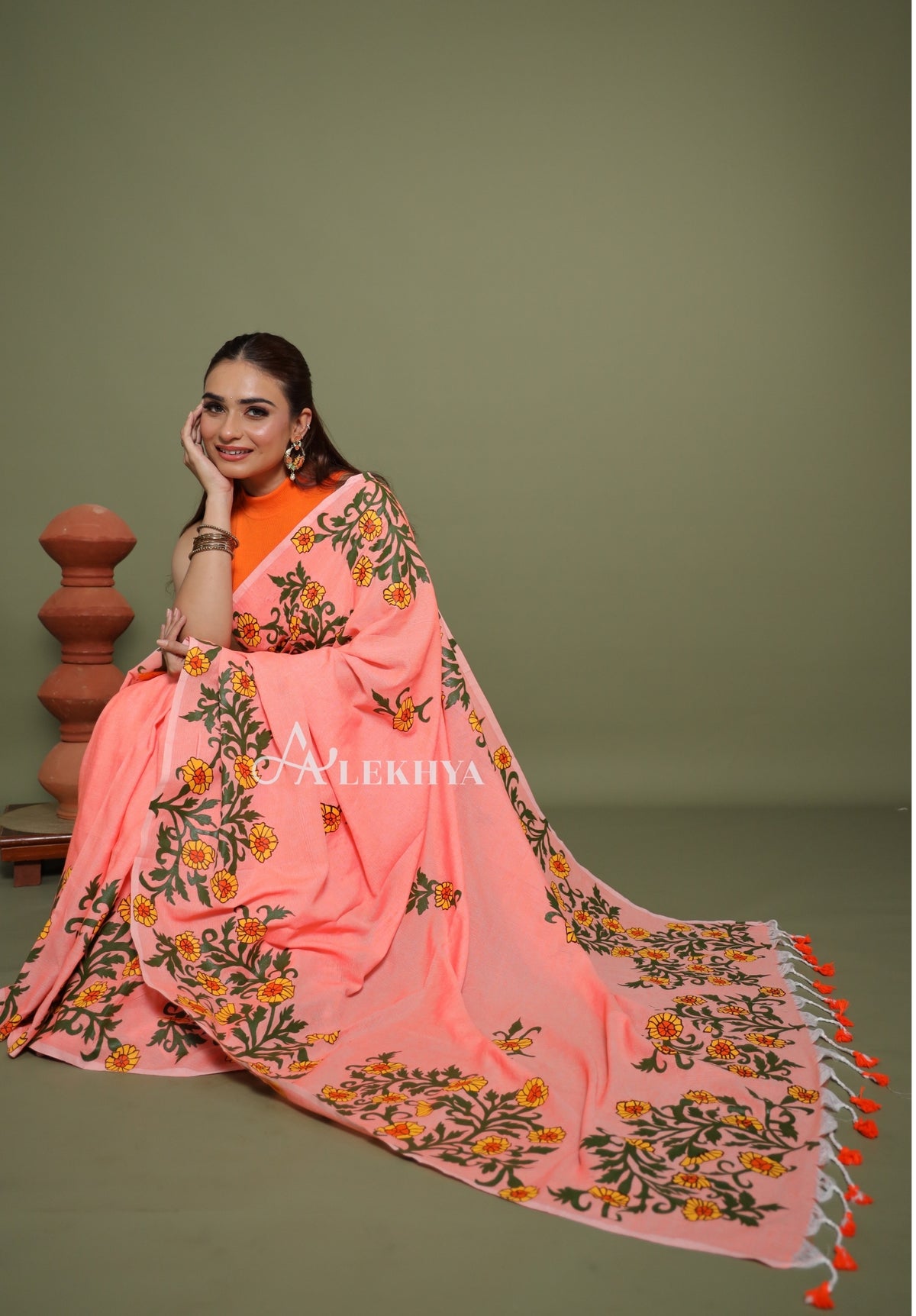 Sunflower Bloom – Peach Cotton Saree