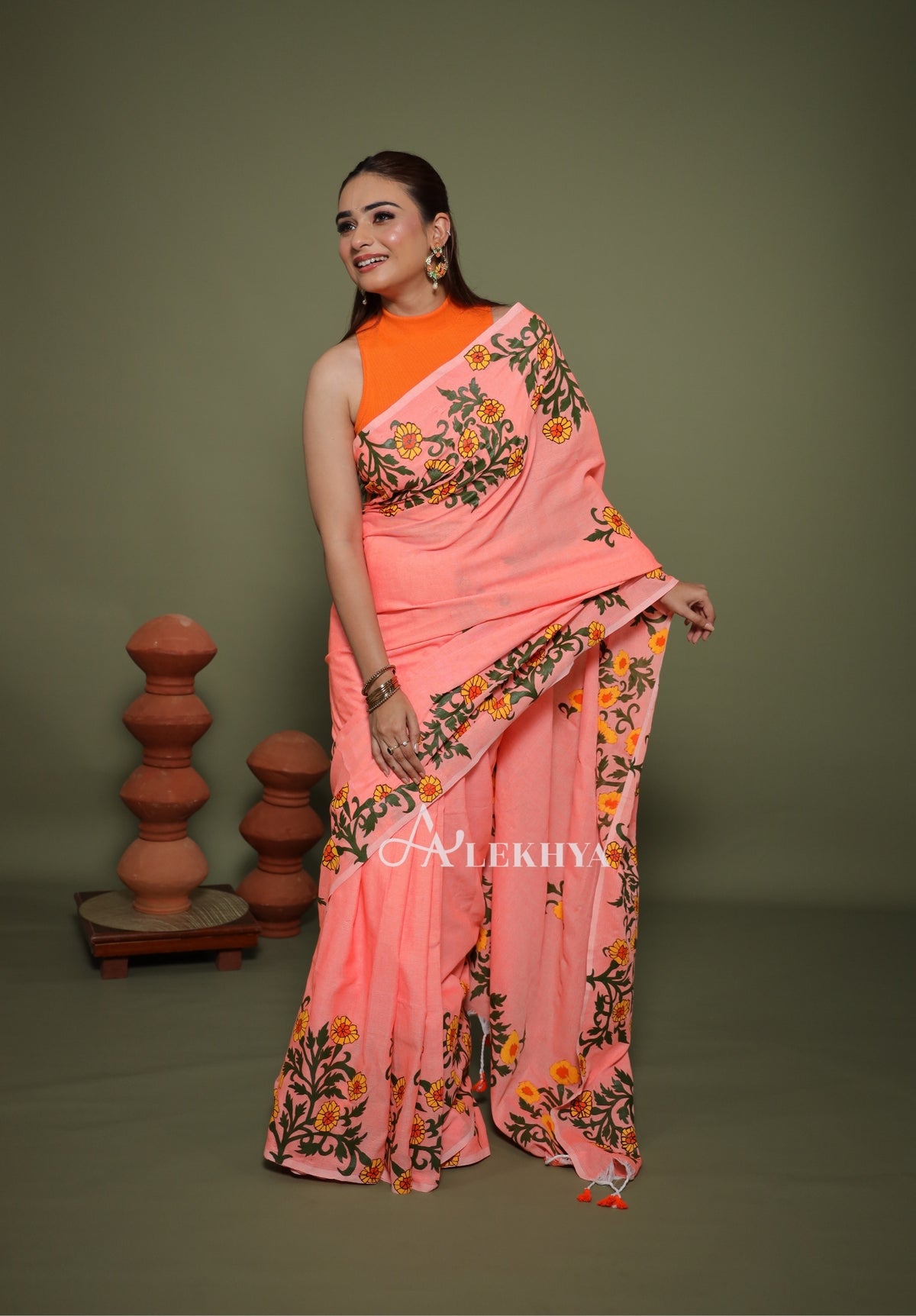 Sunflower Bloom – Peach Cotton Saree